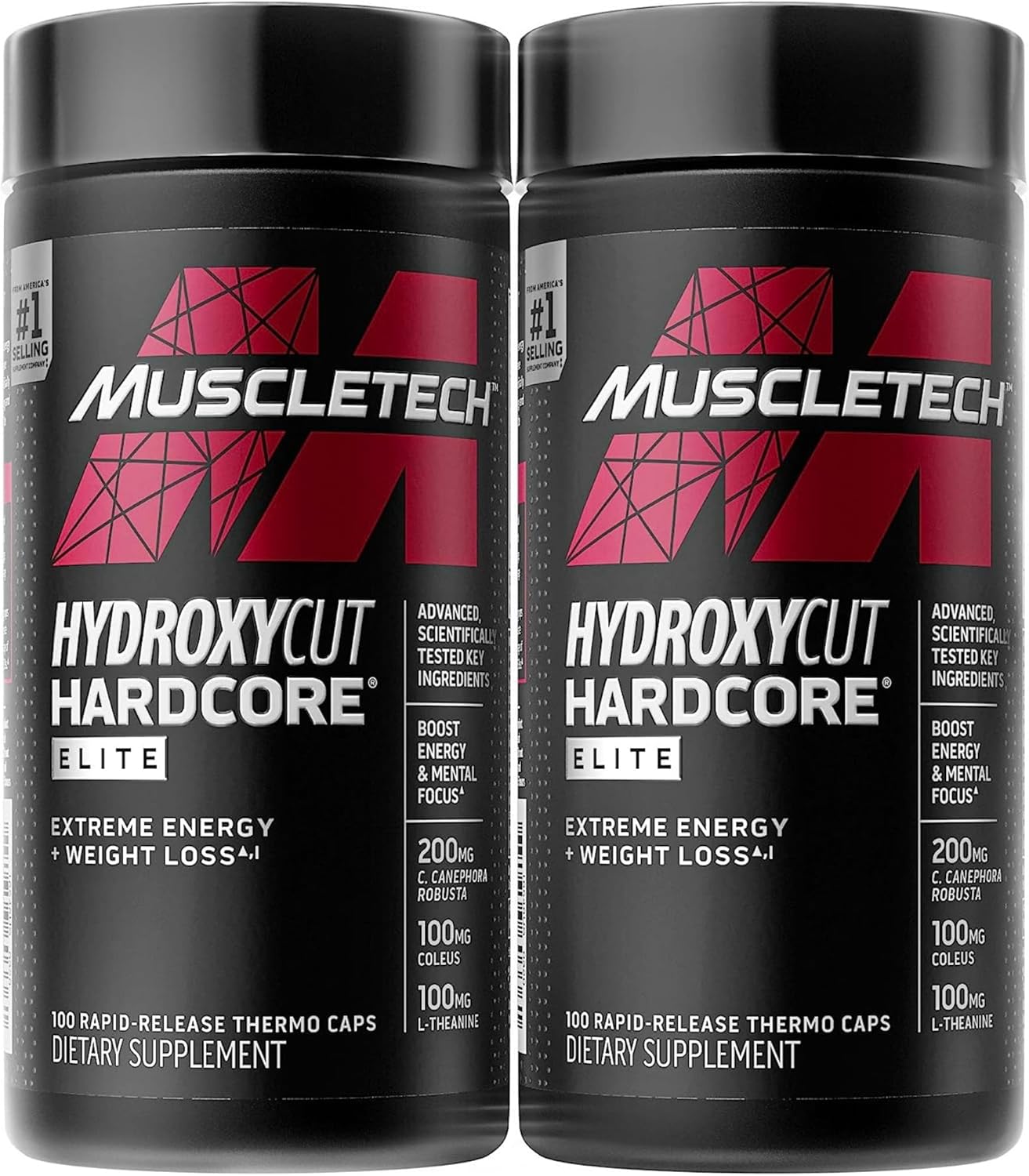 Hydroxycut Hardcore Elite - 100 Rapid-Release Thermo Caps, Pack of 2 - Energy & Focus - for Men & Women - 100 Total Servings